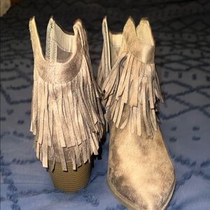 Indigo Tan Ankle Booties with Fringe Detail